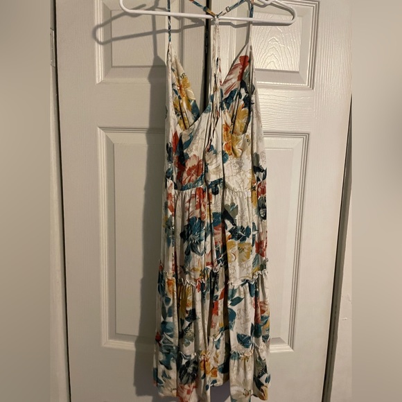 Floral blue, red, yellow cream dress with spaghetti straps, detailed strap back. - Picture 2 of 3